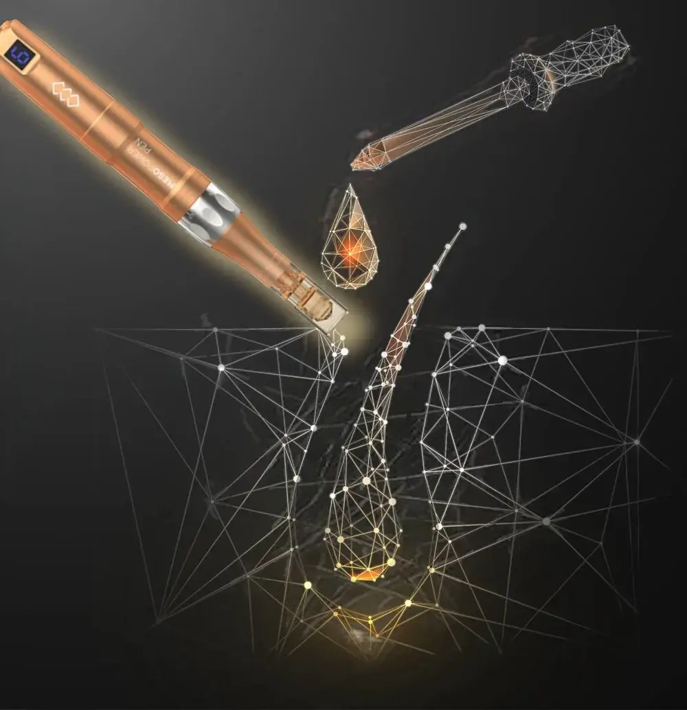 Mesopen, goccia di mesococktail e follicolo pilifero in una rappresentazione a rete luminosa