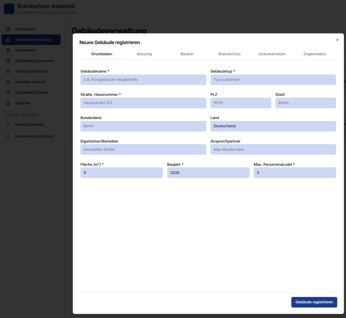 Digitales Formular zum Erfassen eines Gebäudes für das Brandschutzmanagement