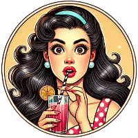 A vintage pin-up style illustration of a surprised woman with wide eyes sipping a drink through a straw, symbolizing a classic reaction to hiccups on the main page about hiccup remedies and causes