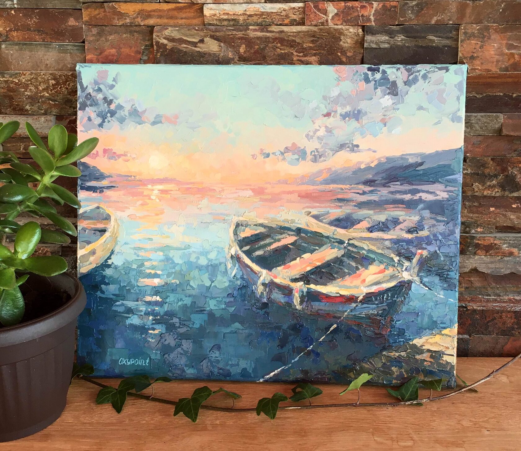 Boats at sunset oil painting, sea abstract art, seascape knife painting, artist OXYPOINT Oxana Kravtsova, painting for sale 