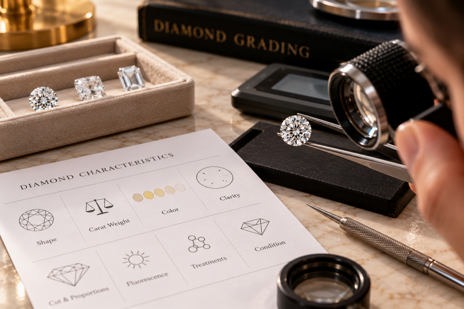 Diamond specialist evaluating an uncertified diamond using magnification and grading criteria