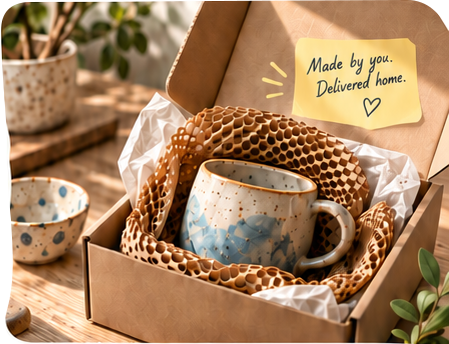Handmade pottery mug carefully packed in a shipping box