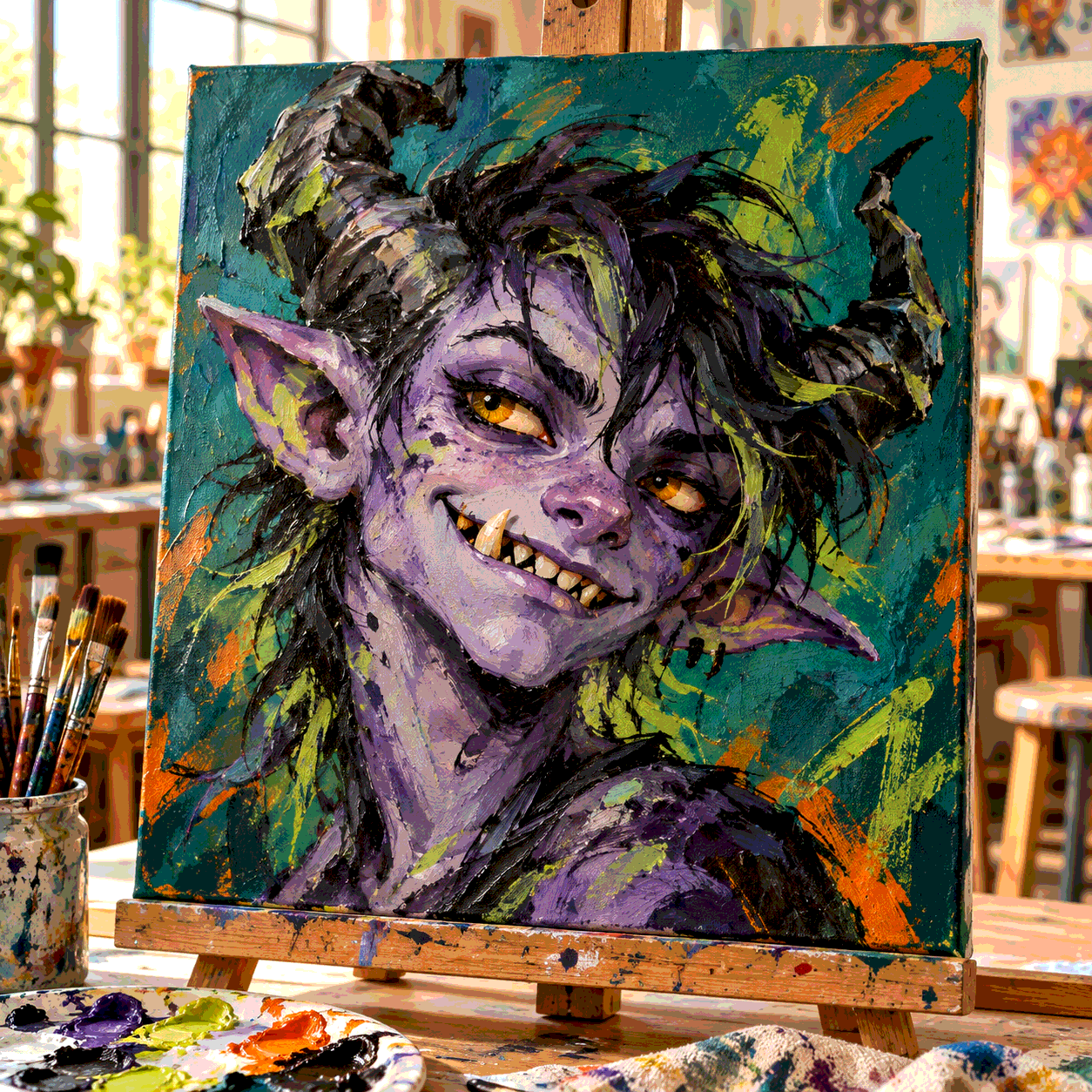 A child painting a colourful monster portrait on a stretched canvas.