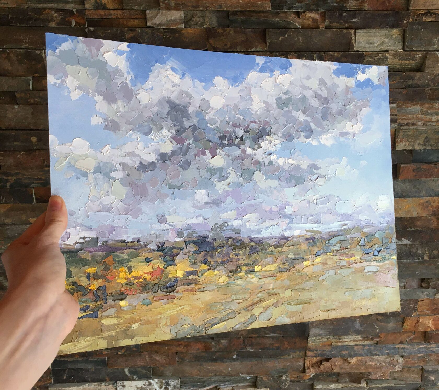 Rural landscape oil painting, sky, field, clouds oil painting