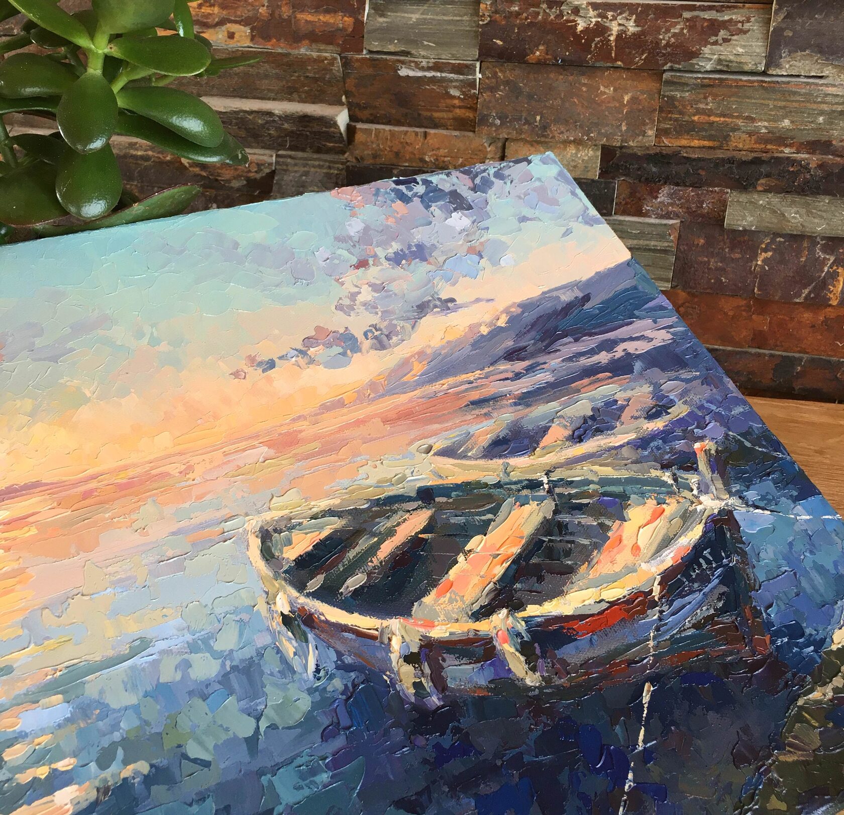 Boats at sunset oil painting, sea abstract art, seascape knife painting, artist OXYPOINT Oxana Kravtsova, painting for sale 