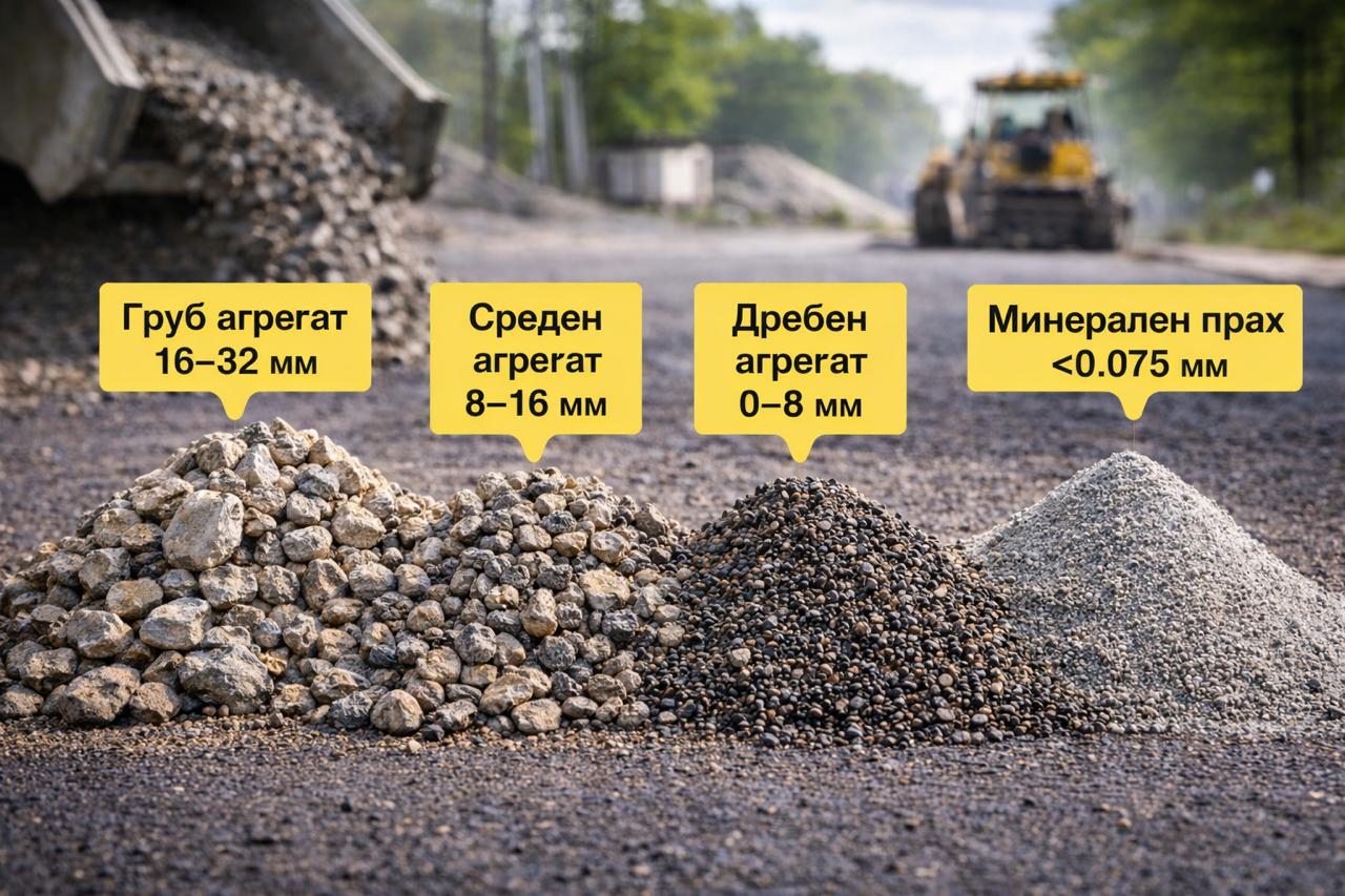 Минерална смес за асфалт – груб, среден и дребен агрегат и минерален прах, които определят здравината и носимоспособността на асфалтовата настилка