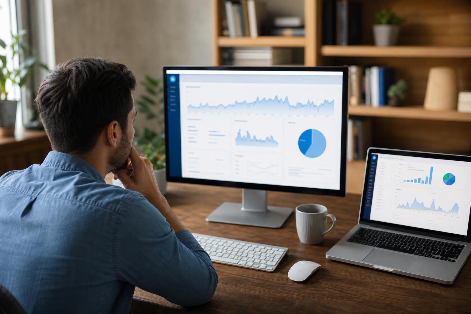 Man sitting at a wooden desk analyzing blue data charts and growth graphs on a large computer monitor and laptop in a home office.