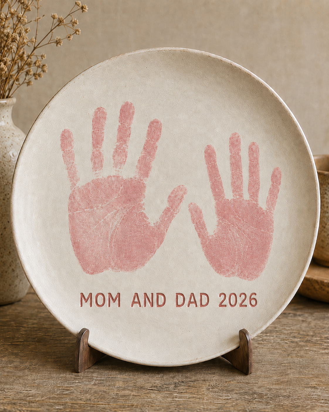 Pottery keepsake with baby reveal inscription