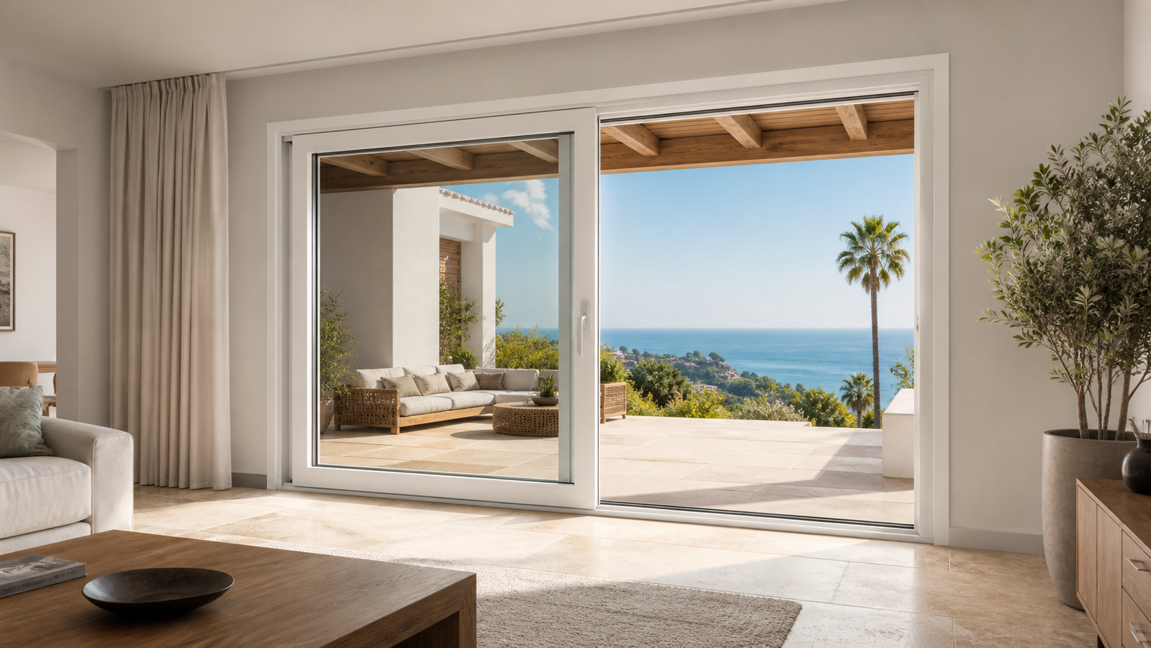 Puerta corredera Kömmerling de PVC abierta hacia una terraza mediterránea