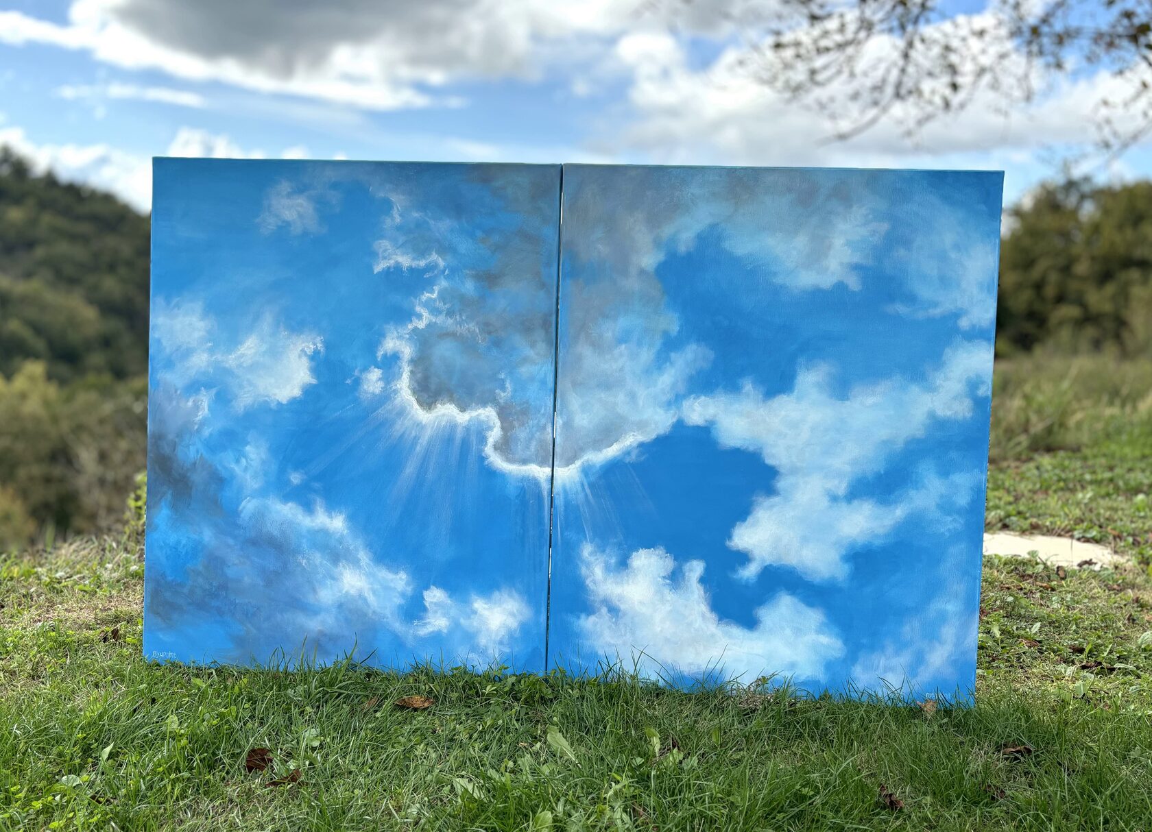 Acrylic painting White Clouds, Cloudscaps, Cloud, blue painting, diptych, large wall art for sale, buy art from artist, buy original paintings, painting for sale Oxana Kravtsova Oxypoint