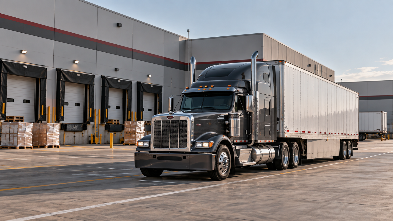 Tractor-trailer waiting in a designated warehouse staging area.