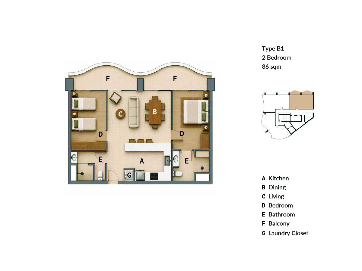 Elegance Residence floor plan type B1, 2 bedrooms, 86 sq.m