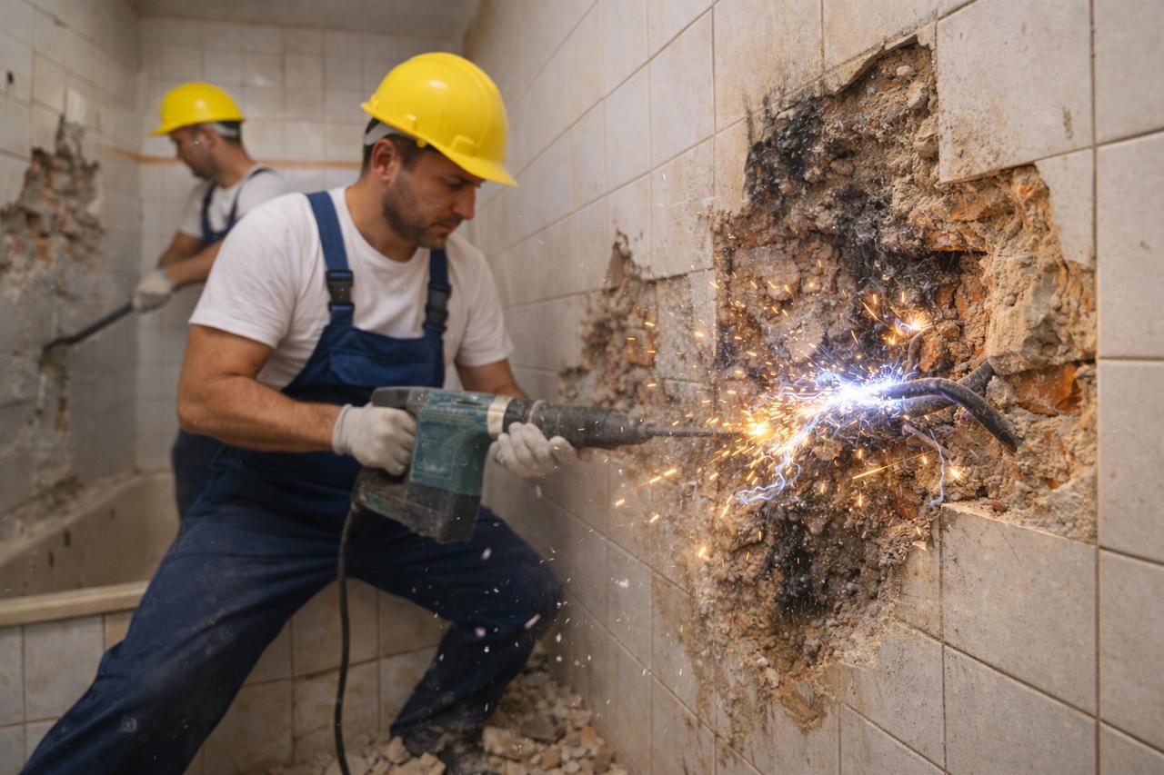 Повреден електрически кабел при къртене на баня с перфоратор и демонтаж на плочки