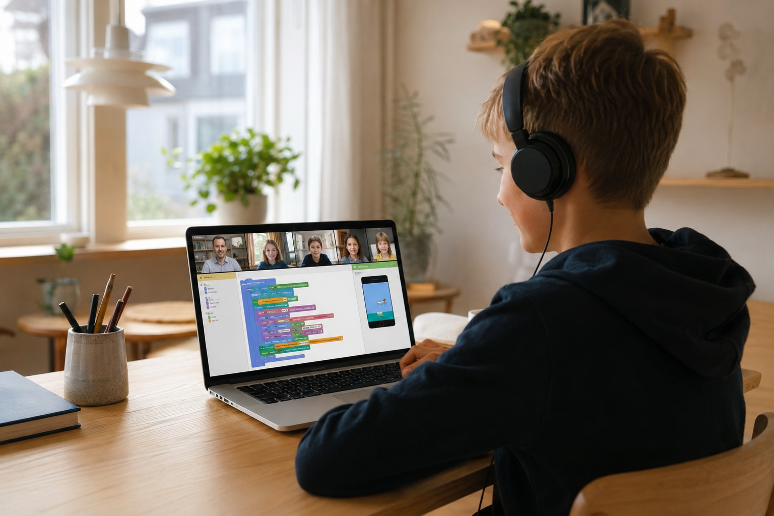 Barn deltager i online IT-undervisning hjemmefra