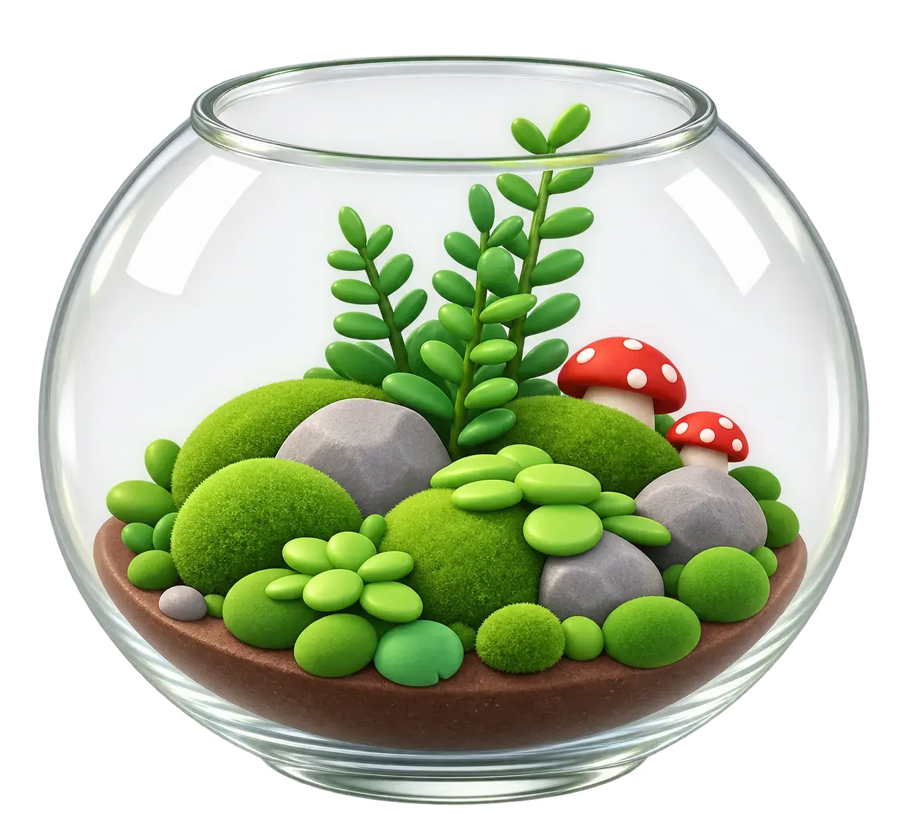 Kindgerechte 3D-Darstellung eines Biotops in einer gläsernen Schale mit grünen Pflanzen, Moos, Steinen und dekorativen Pilzen. Das Biotop gehört zum Angebot von IZSO NaturArt in Lahr und ist für Kindergeburtstage gedacht.
