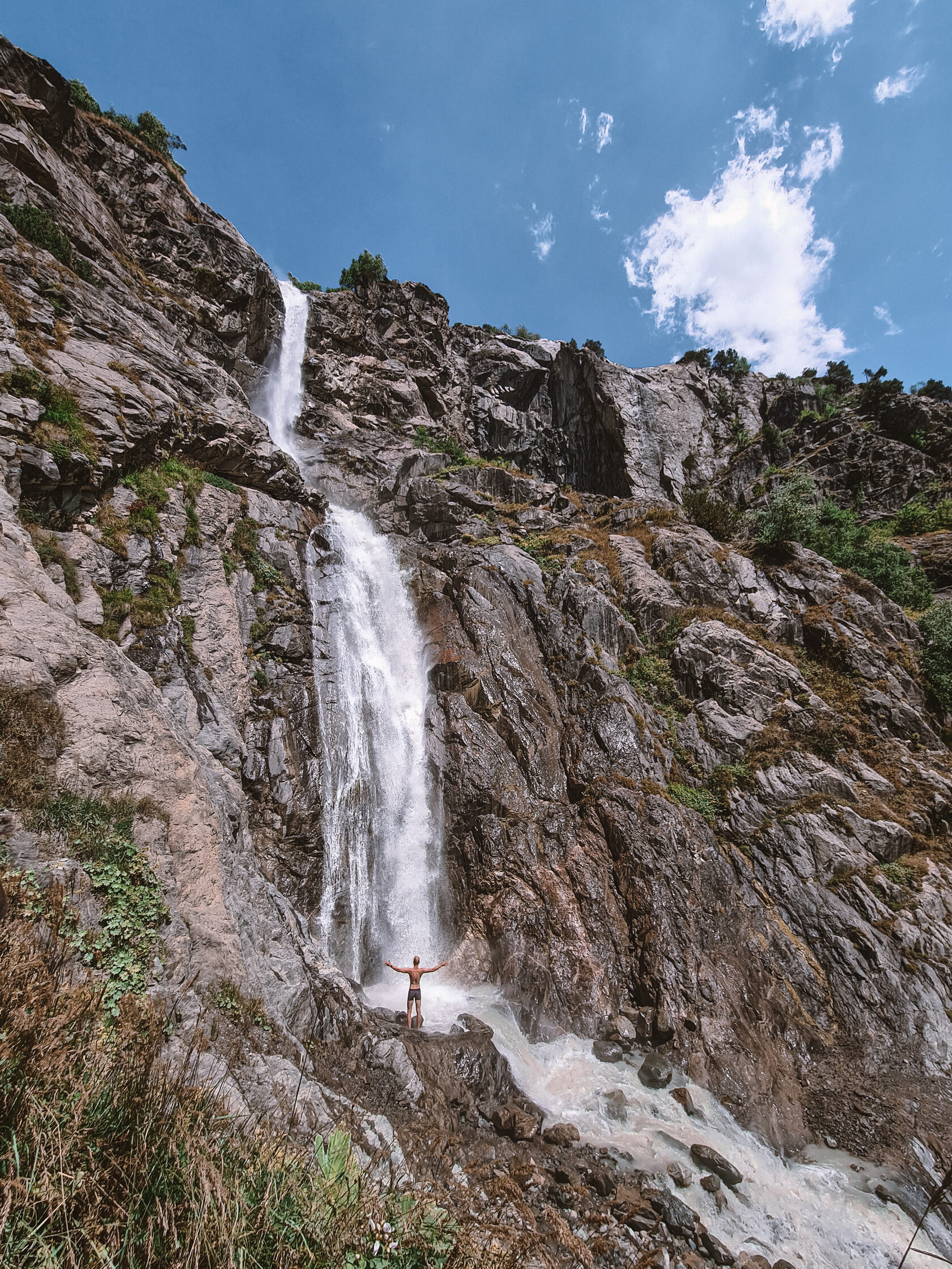 A waterfall in a rocky gorge in Svaneti