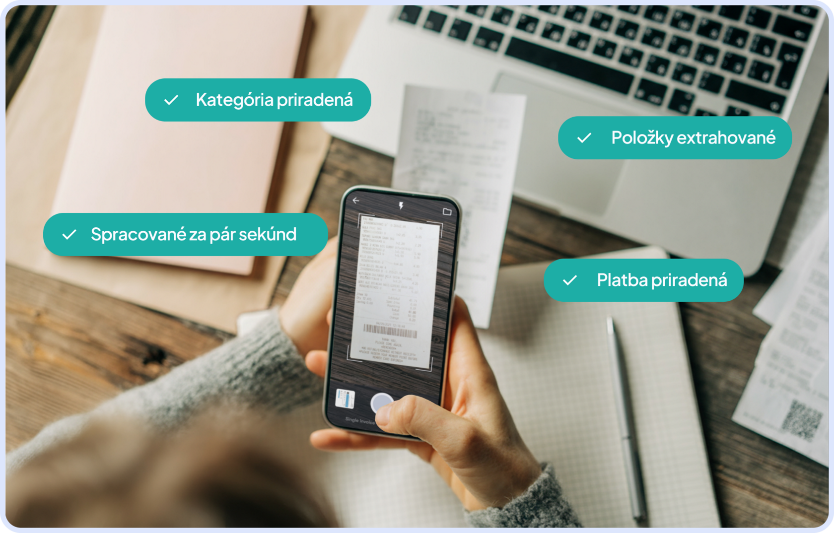 Skenovanie faktúry mobilom v aplikácii Dishboard — automaticky priradená kategória, extrahované položky a platba