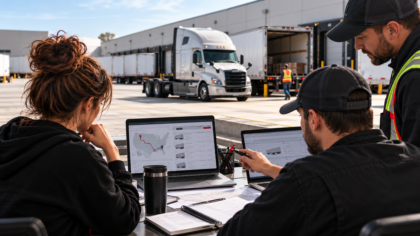 A carrier-dispatch team reviewing a generic digital freight marketplace workflow beside a tractor ready for a trailer-provided load