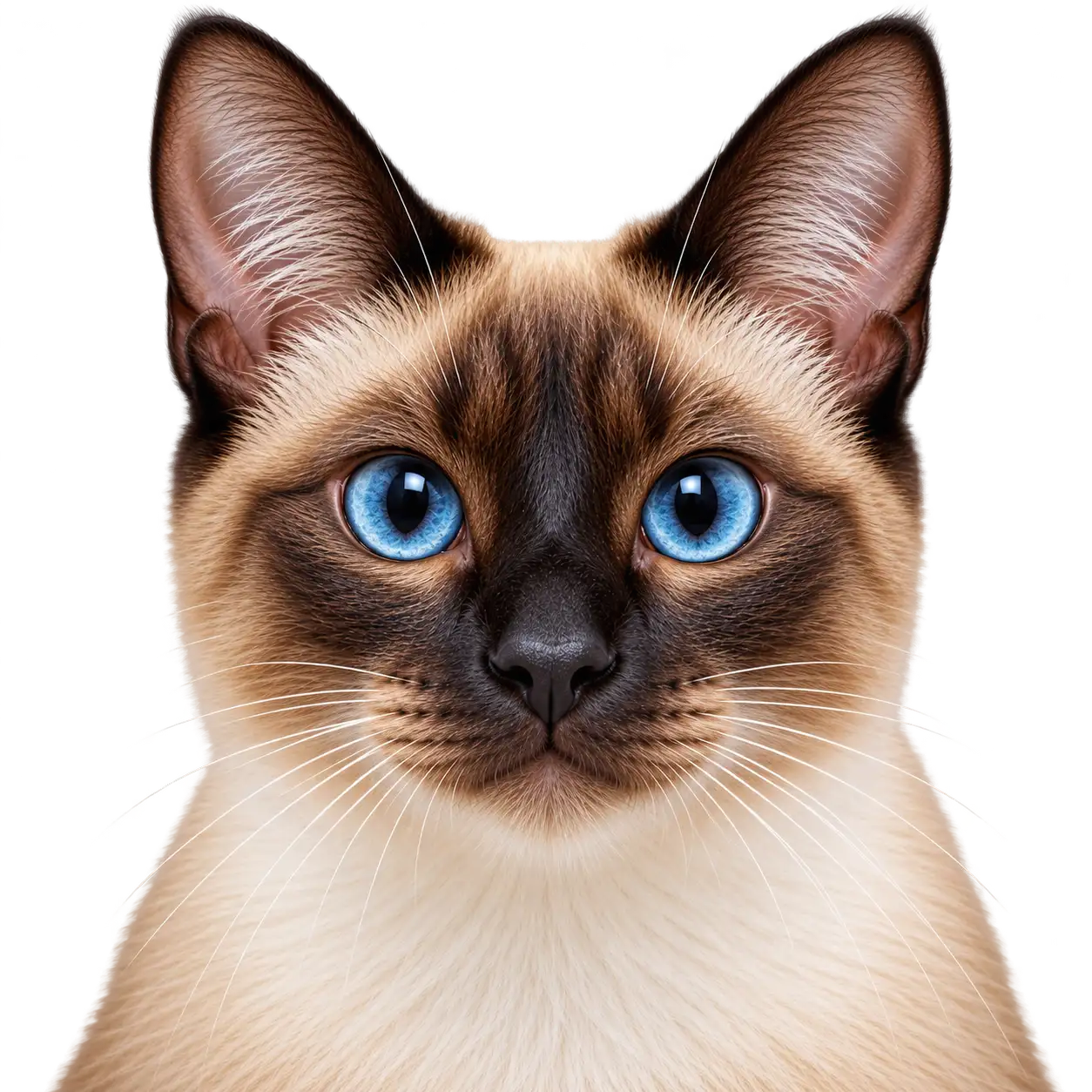 Nahaufnahme einer Siamkatze mit cremefarbenem Fell, dunklen Abzeichen und leuchtend blauen Augen, die direkt in die Kamera blickt. &ndash; Shikardos Reinigung Frankfurt