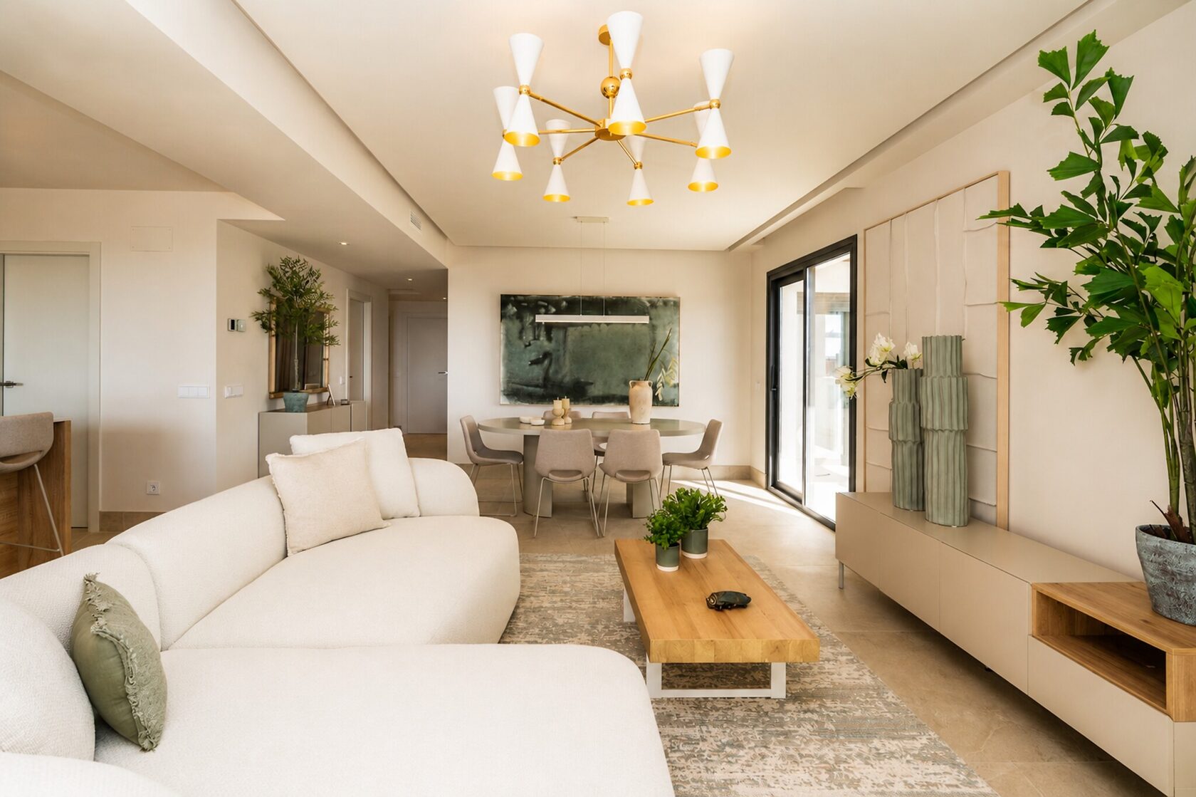 Living and dining area in a completed home