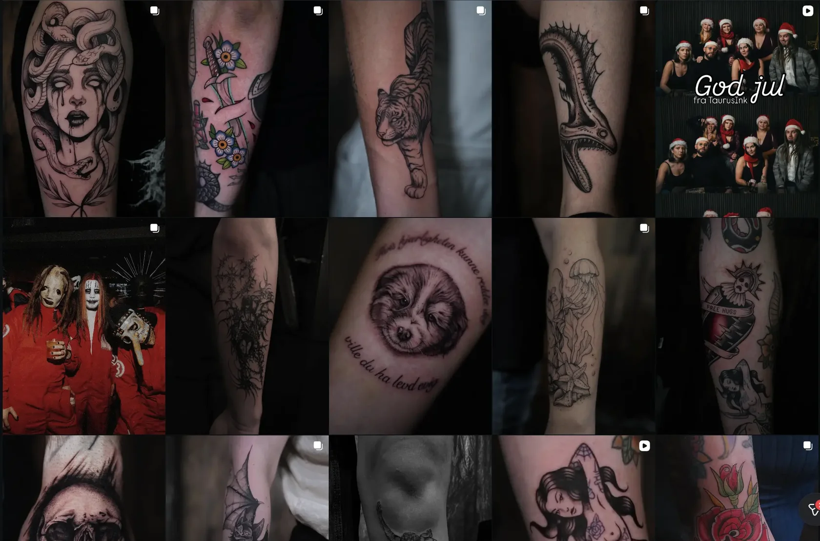 Utvalg fra Milly Mxnsters Instagram med tatoveringer i flere stiler og bilder fra studioet
