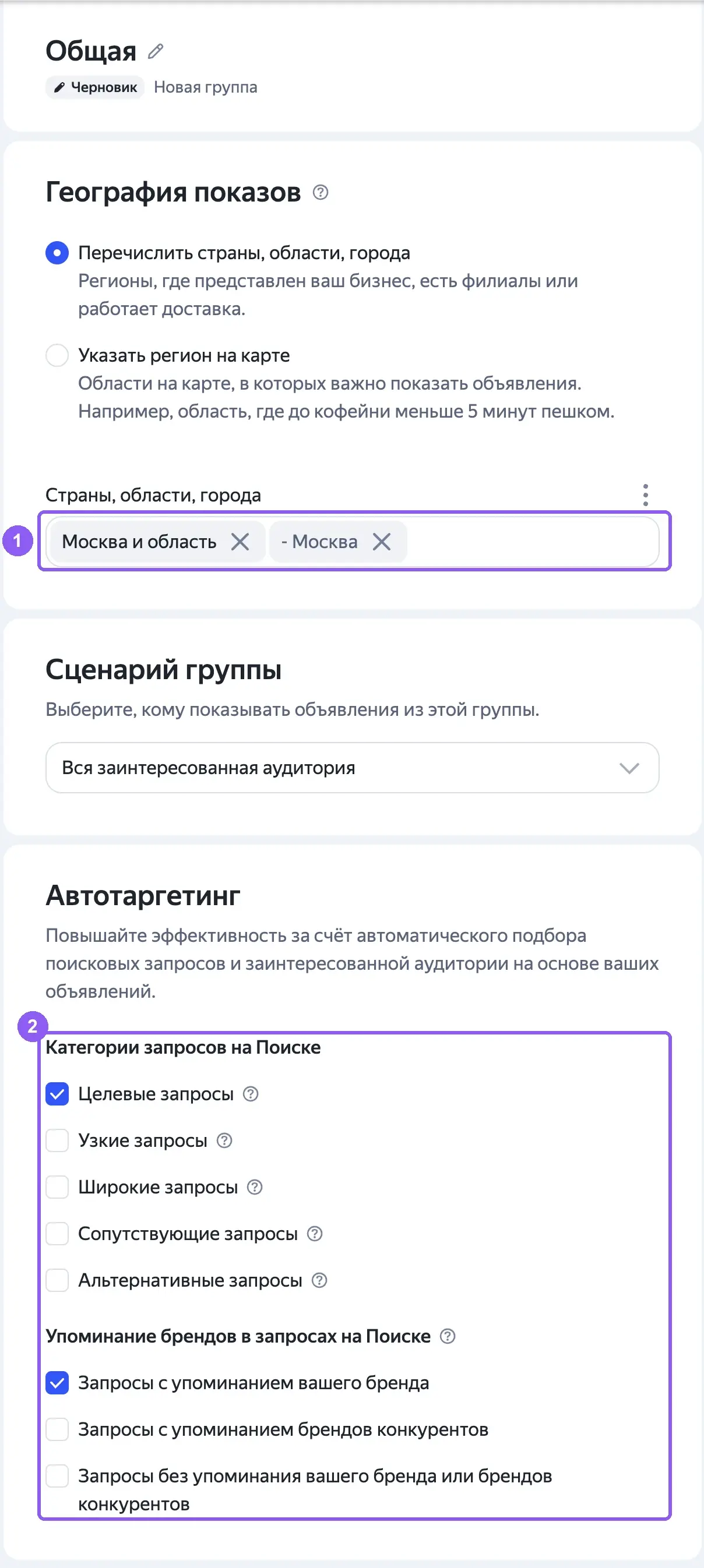 Настройки группы ЕПК: поле «География показов» и категории автотаргетинга