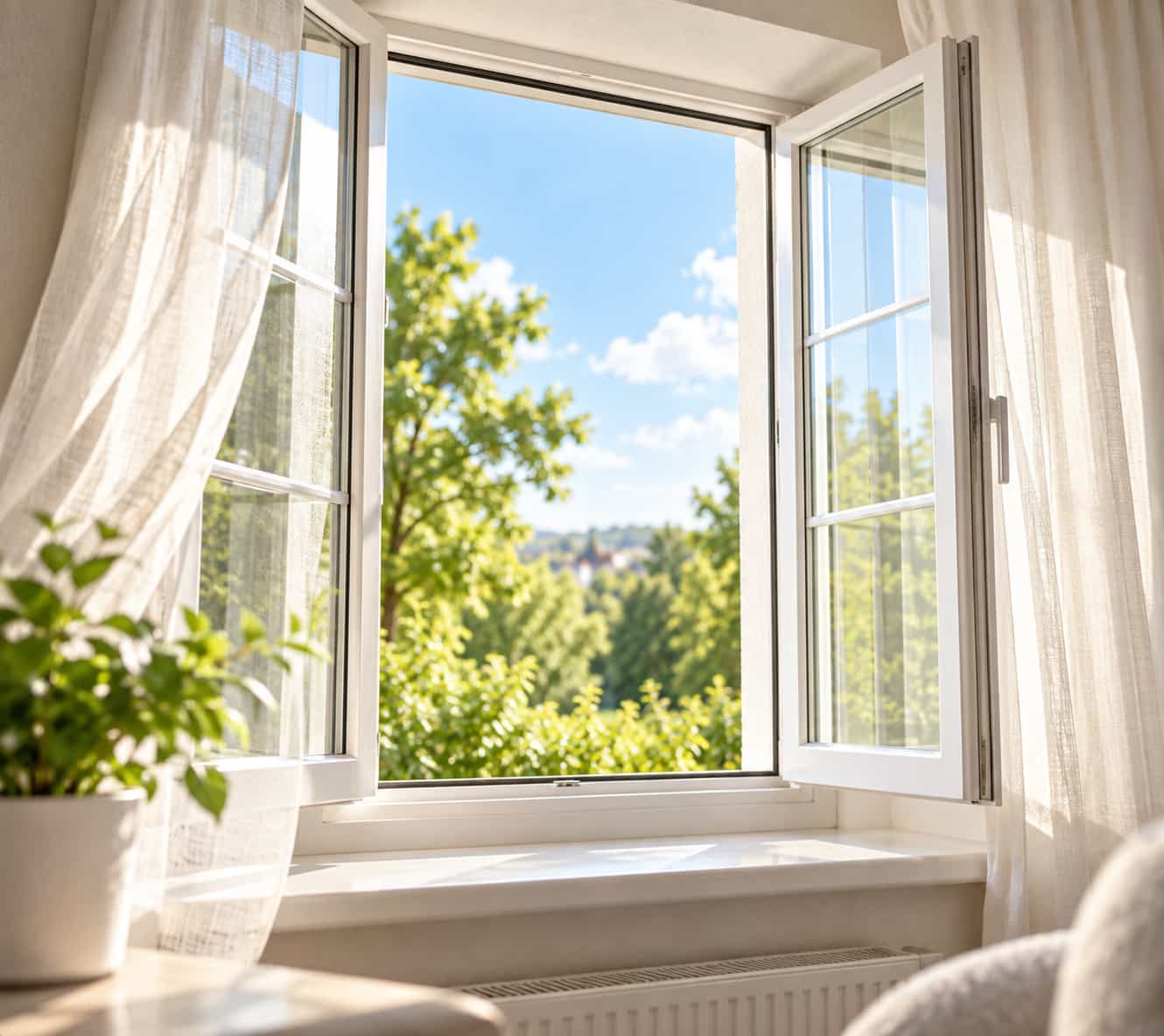 Weit ge&ouml;ffnetes Fenster mit Blick ins Gr&uuml;ne und hellen Vorh&auml;ngen. L&uuml;ften reduziert Rauchgeruch nur f&uuml;r ein paar Stunden &ndash; Shikardos Reinigung entfernt ihn in Frankfurt dauerhaft aus dem Polster.