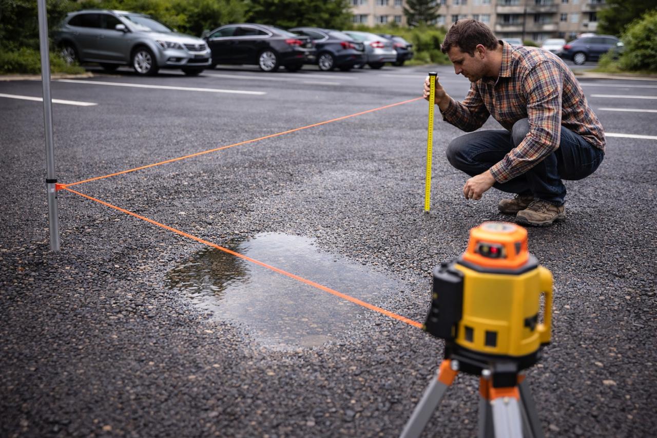 Проверка на наклона на паркинг с конец и лазерен нивелир след асфалтиране