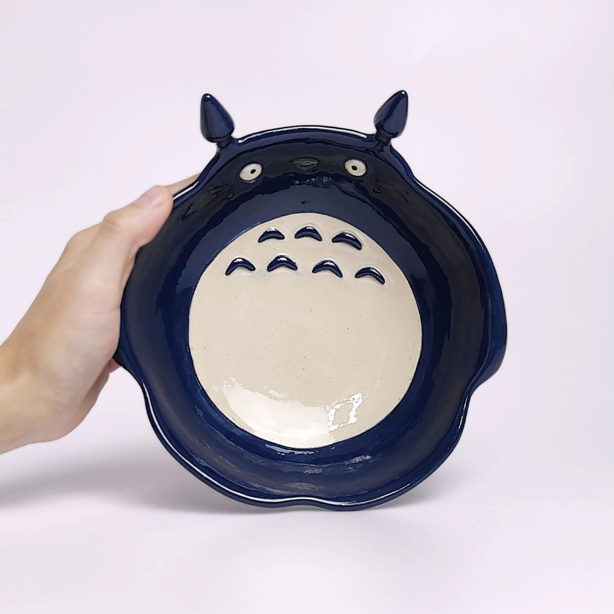 handmade ceramic Totoro plate in blue and beige glaze