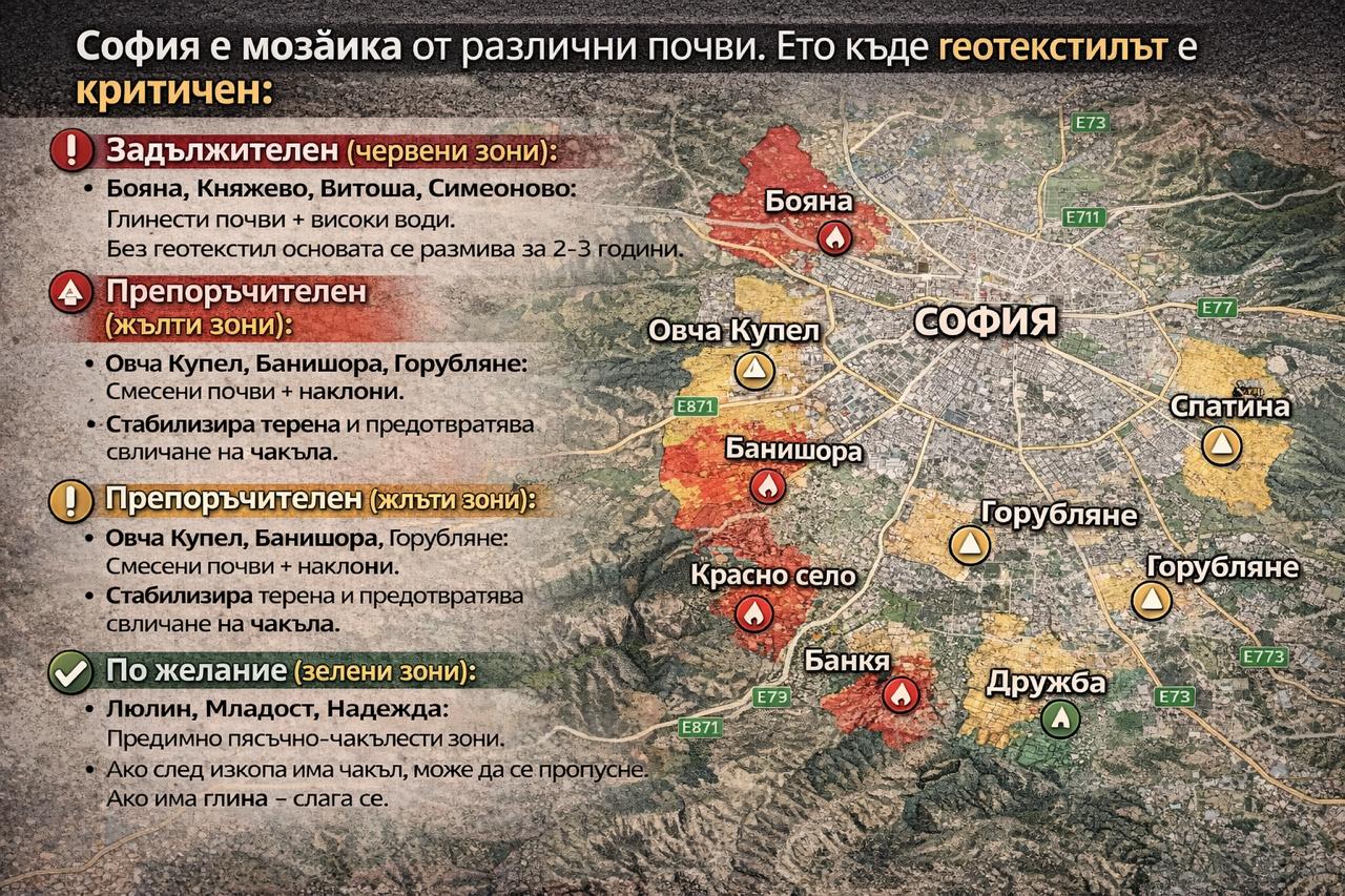 Карта на София с зони за геотекстил – задължителен, препоръчителен и по желание