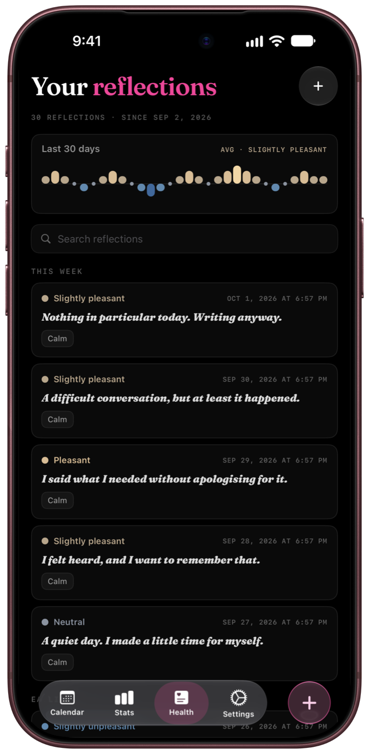Candor reflection history with a 30-day mood strip and recent private notes