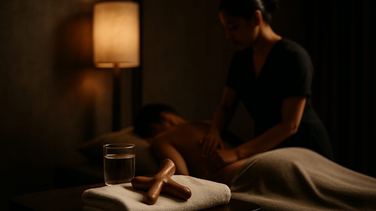 Wooden massage tool, towel and a glass of water in a treatment room