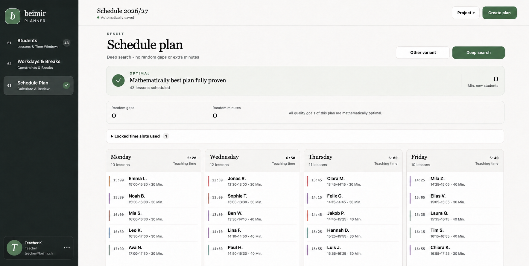 beimir Planner — intelligent timetable planning for music teachers