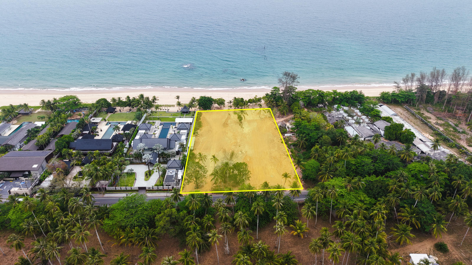 Aerial view of the 72-metre beachfront plot, Natai Beach