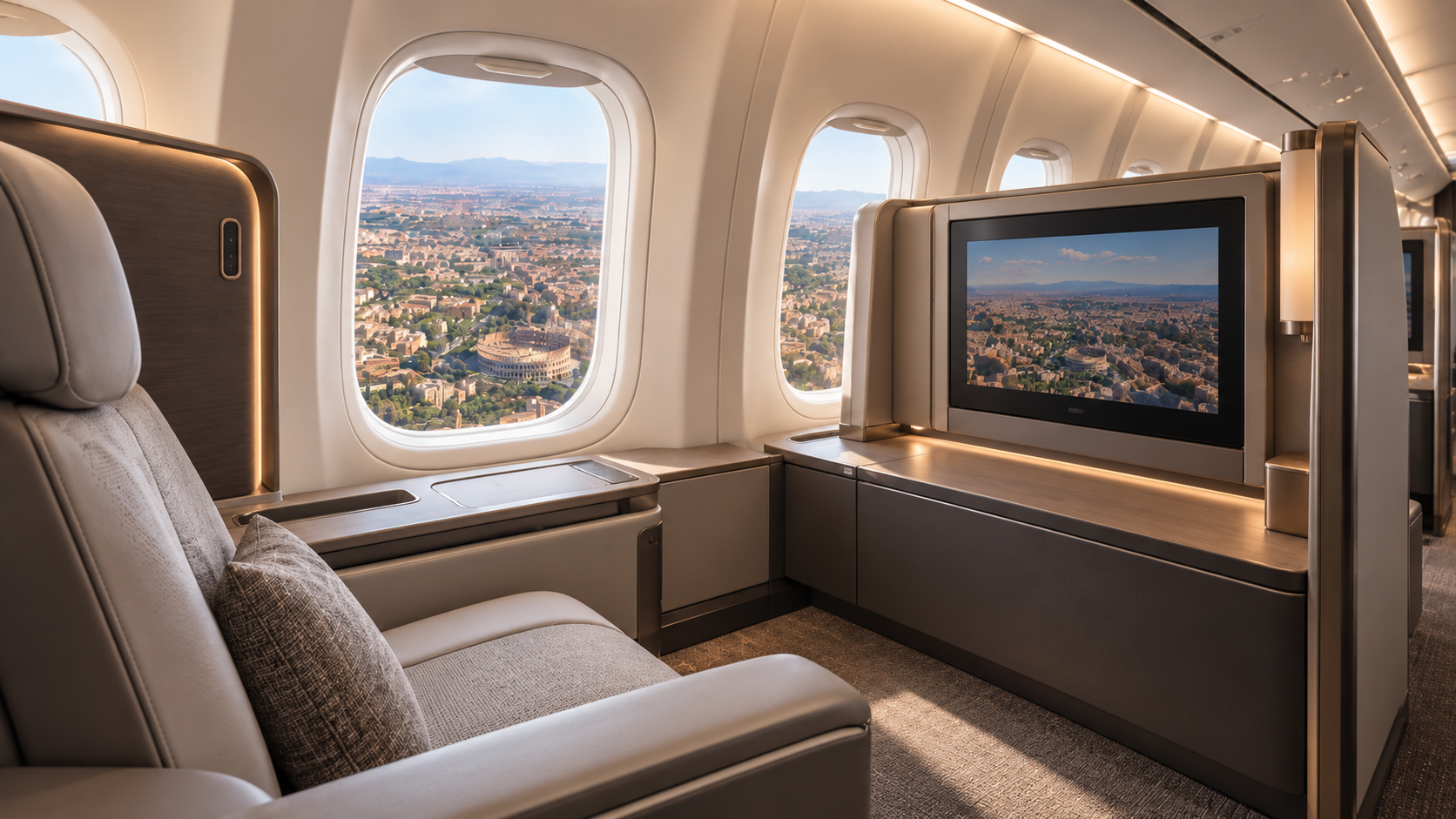 Business Class seat with a view over Rome