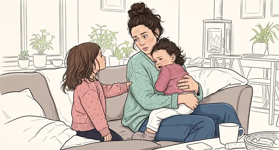 Tired parent on the sofa with two small children