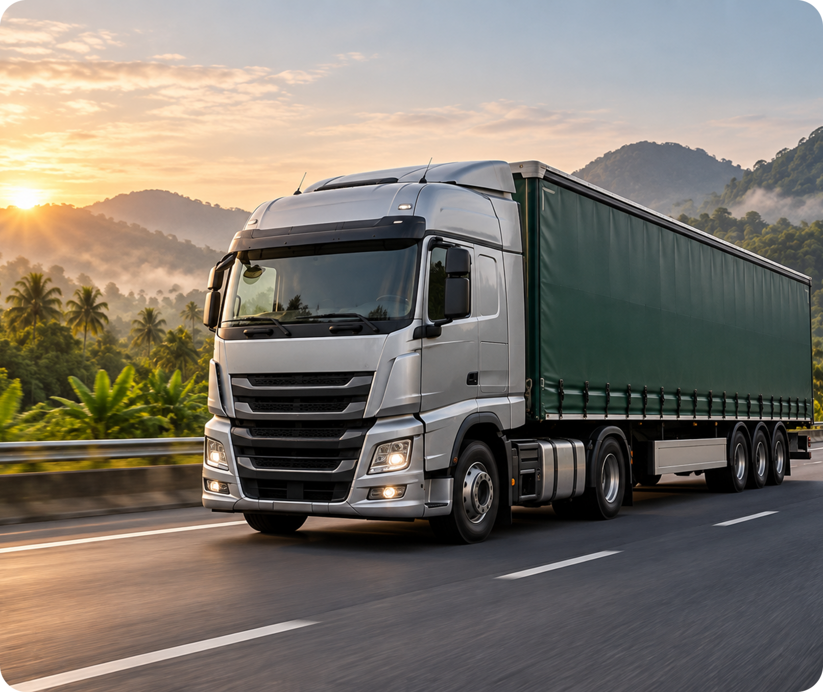 Truck on a highway at sunrise