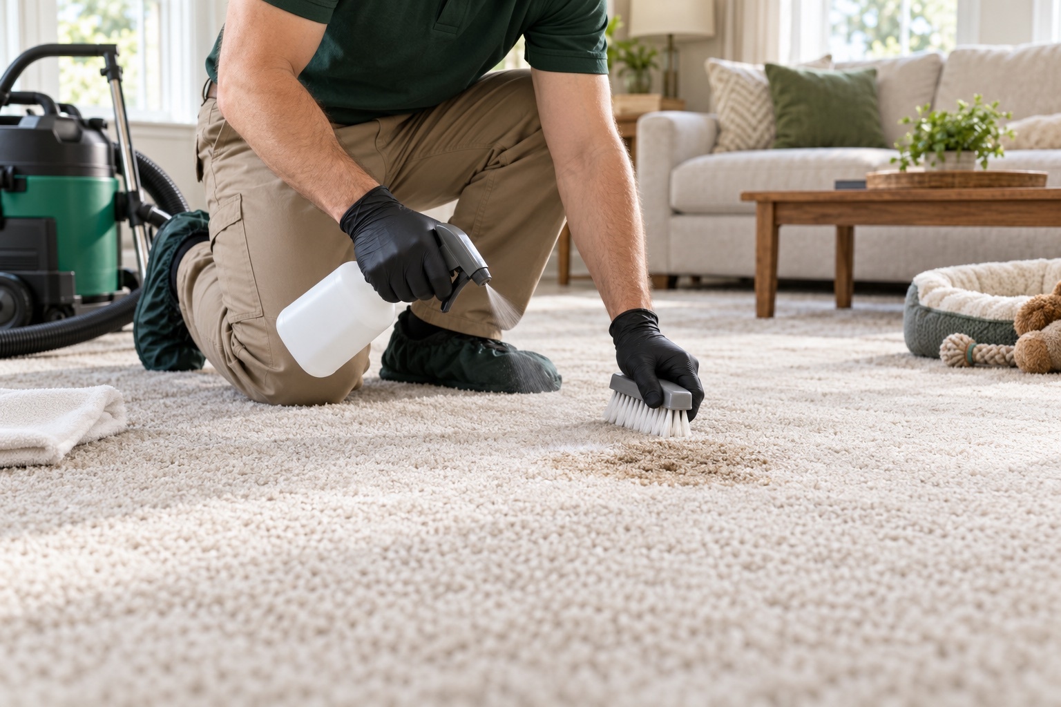Professional technician treating a pet stain on carpet
