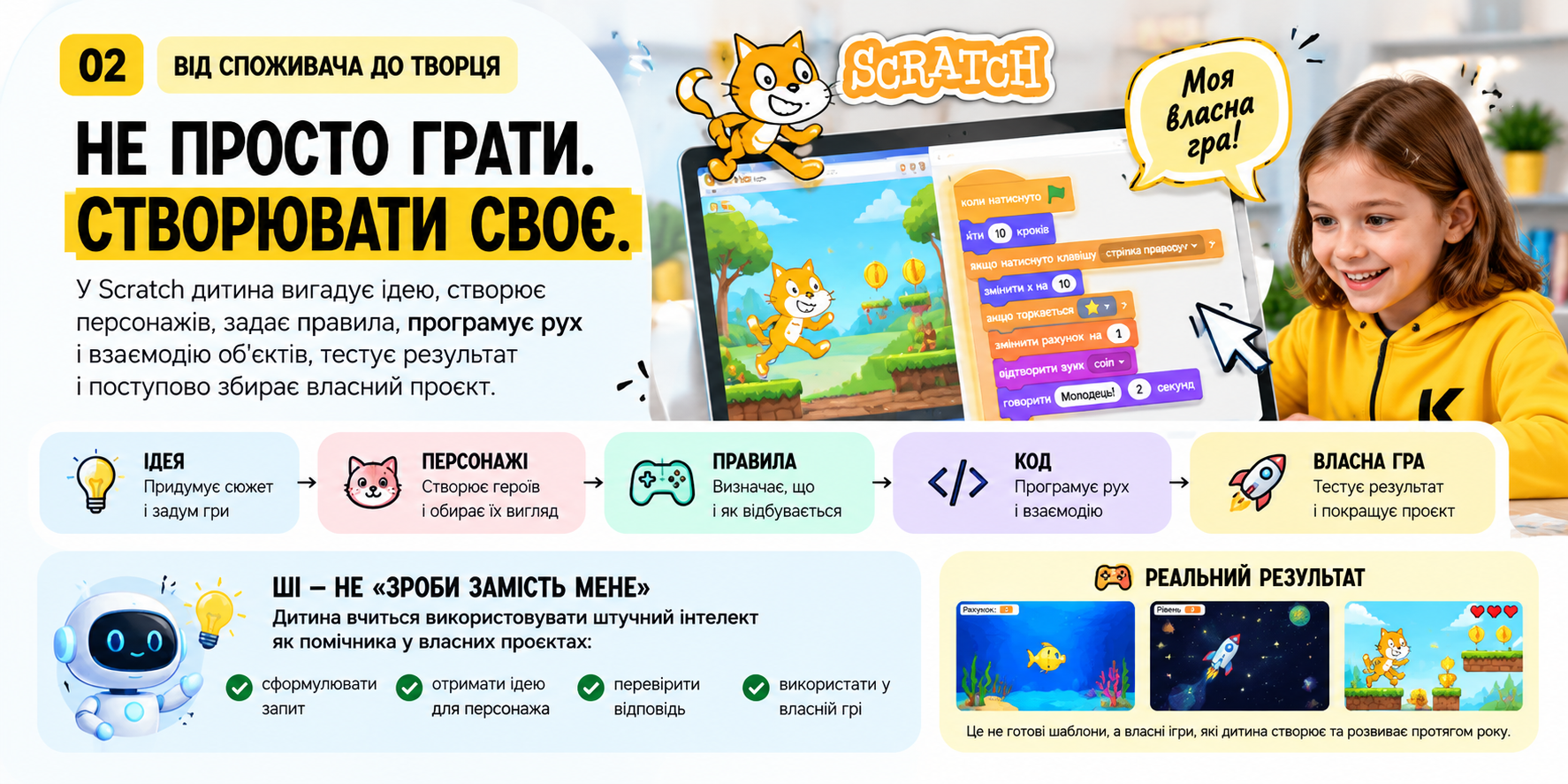 Дитина створює гру в Scratch