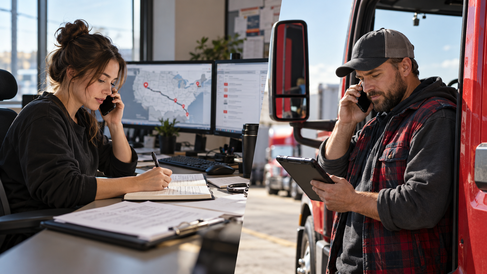 A dispatcher and truck driver communicating through a professional call and written trip update, with clear documentation