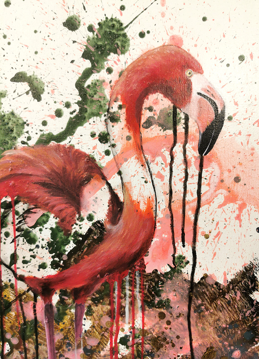 Flamingo Gemälde modern großformatig – Die Balance der Tierkunst