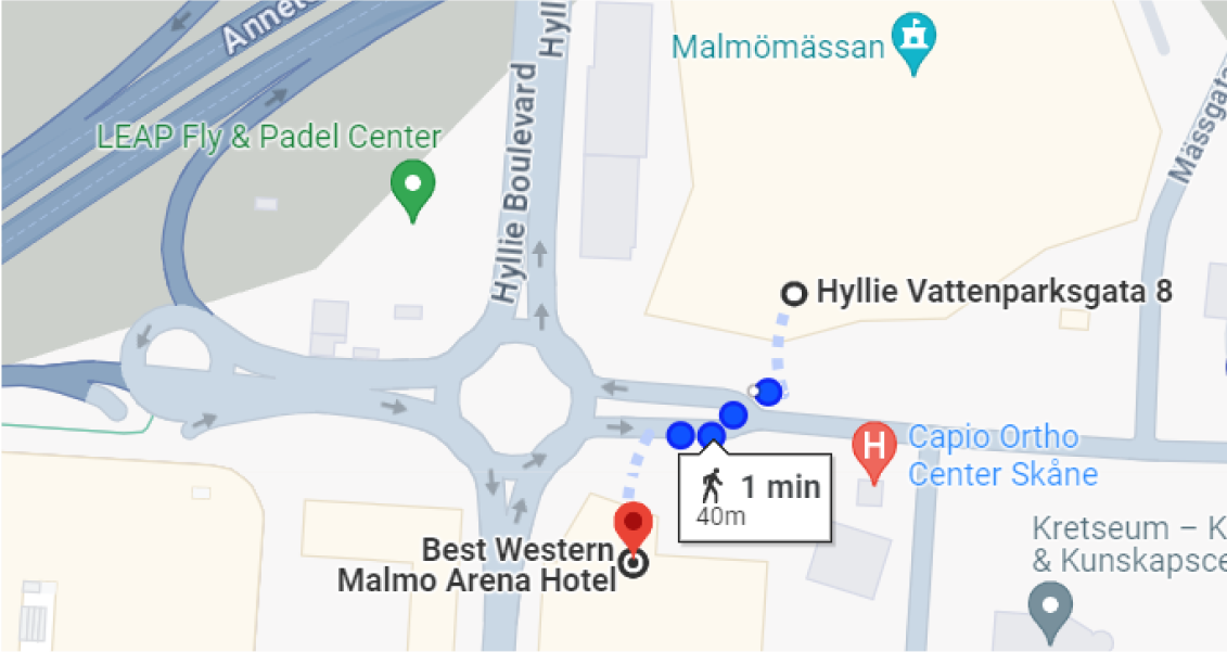 Route to Edge Kitchen Hylle, Google map screenshot.
