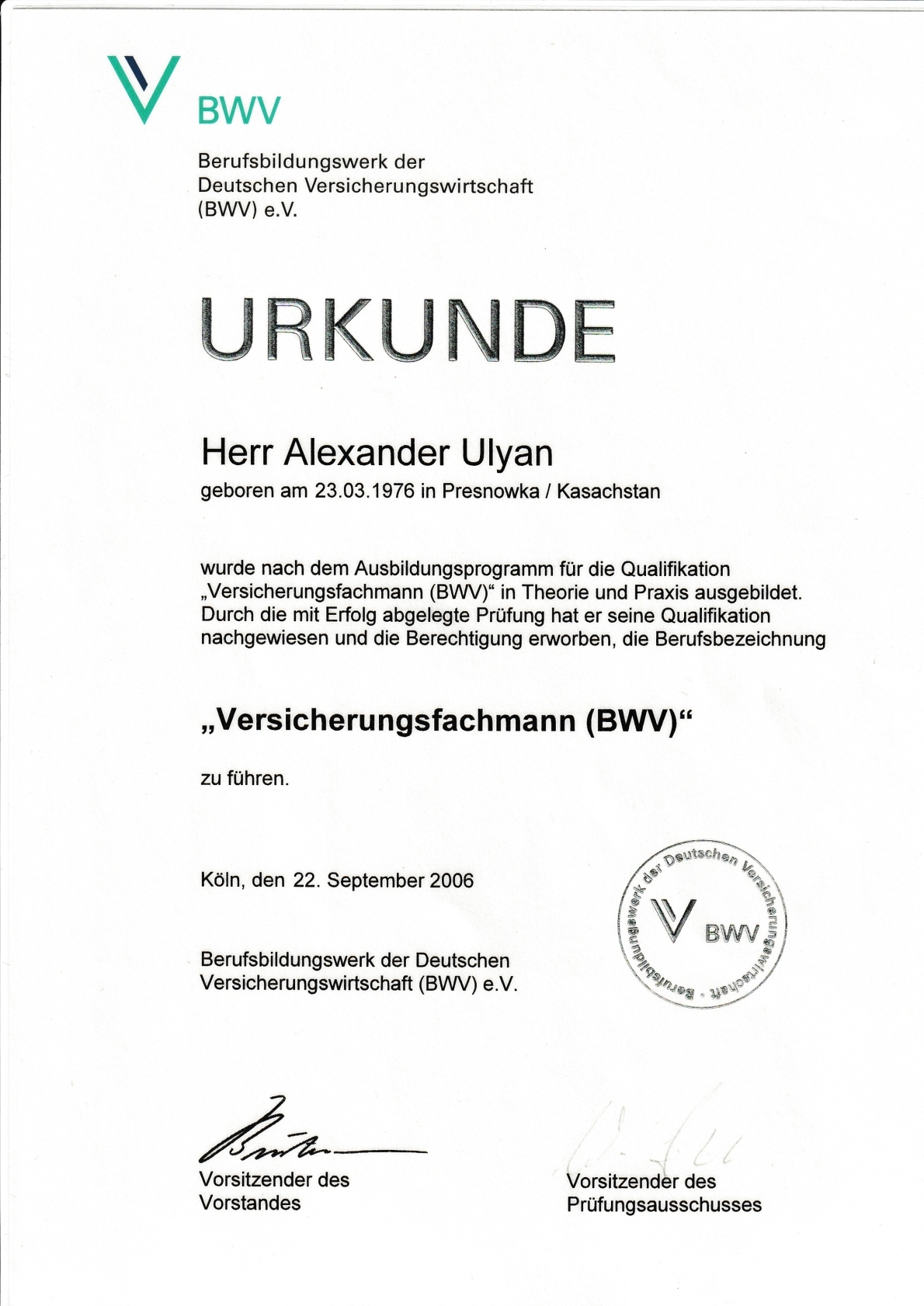Urkunde Versicherungsfachmann BWV
