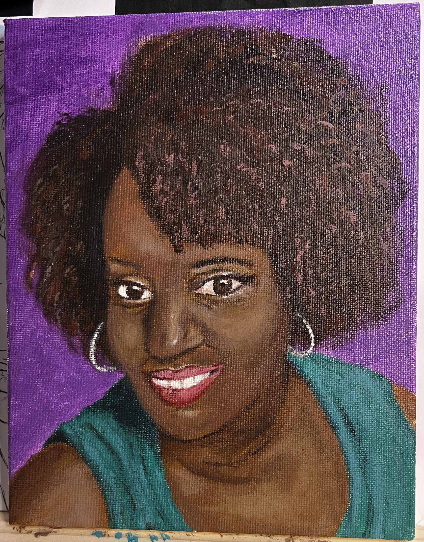 In Her Colors: painted portrait with purple background and turquoise clothing.