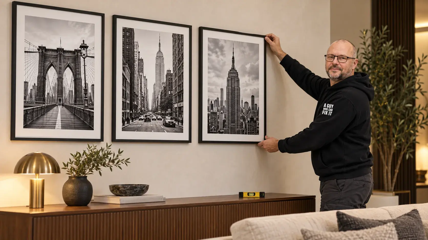 A Guy Who Can Fix It technician in a black hoodie aligning the third New York photograph in a row in a Manhattan living room
