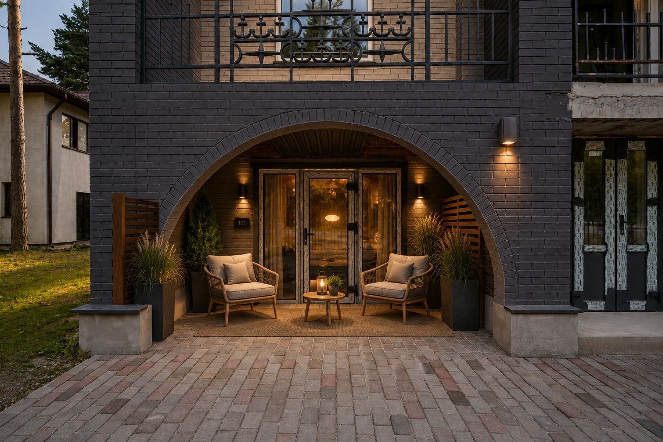 Ilustratīva attīstības vīzija of the arched entrance terrace with lounge seating