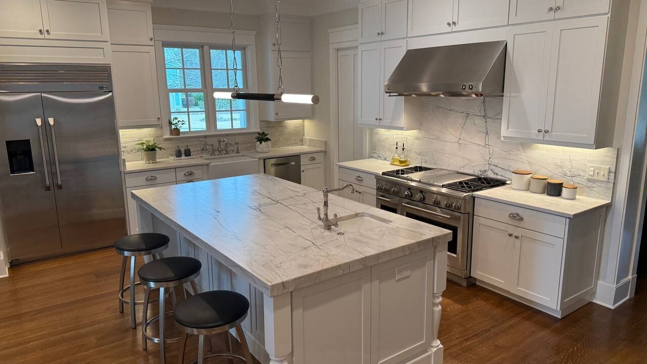 Fabrication and Installation of Kitchen Countertops with Full Height Backsplash and Island with Integrated Sink