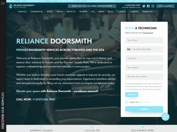 Анимация главной страницы Reliance Doorsmith с формой вызова мастера