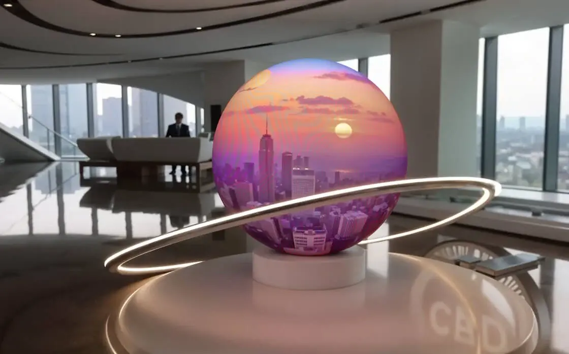 This may contain: a large globe with multiple pictures on it's sides and lights in the middle