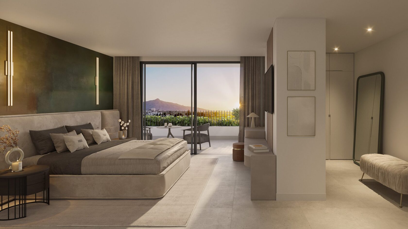 Master bedroom at sunset with mountain views